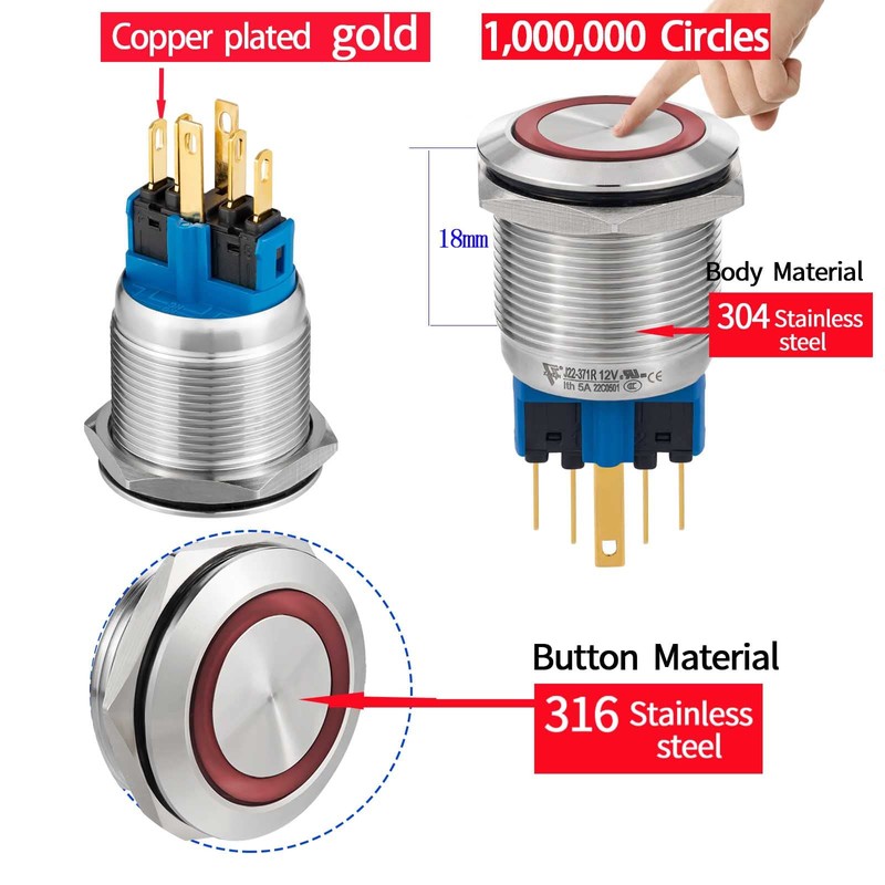 22mm Latching Push Button Switch 12V DC/AC Power Switch SPDT
