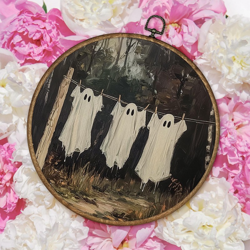 TLESKE Fall Halloween Ghost Clothesline Round Wall Art Decor Framed