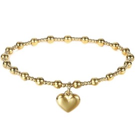 Jude Jewelers Stainless Steel Beaded Chain Heart Charm Wedding Statement Party Bracelet (Gold)