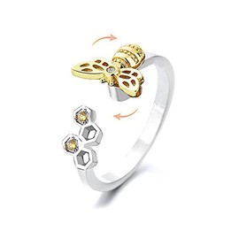 Cute Bee Fidget Spinner Rings for Women Sterling Silver Plated Anxiety Rotate Freely Stress Relief Adjustable Open Ring Cubic Zirconia Lovely Honeycomb Fashion Jewelry Gifts Birthday Xmas (Style 2)