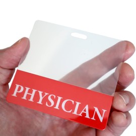 Clear Physician Badge Buddy ID Backer Card - Horizontal Hospital & Doctor Badge Buddies for Physicians - Transparent Title/Role Identifier - Medical Name Tag by Specialist ID (Red)