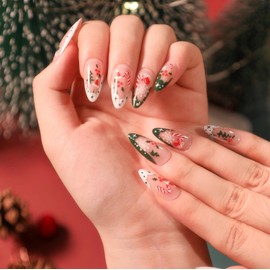 Rchovsam Merry Christmas Press on Nails Medium Almond Nails Press Ons Xmas Snowflake Cane Designs Fake Nails Full Cover Artificial Acrylic False Nails 24pcs - Green White French
