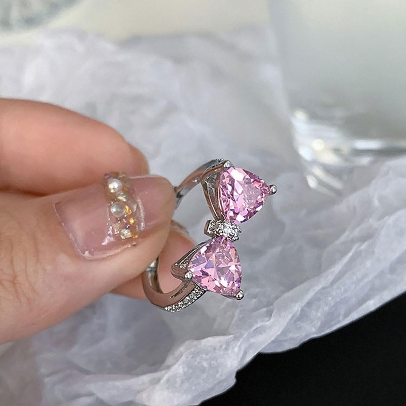 xdlhghe Bow Ring for Women Silver Pink Crystal Adjustable Dainty