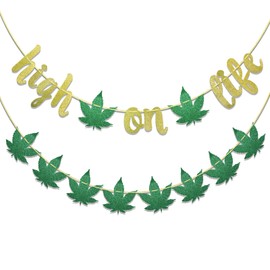 High on Life and Marihuana Leaf Banner, 21 cumpleaños, 420 cumpleaños, temática de marihuana, cumpleaños, drogas, decoración de marihuana (dorado y verde)