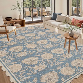 ORTIGIA Scalloped Easy Jute 5x7 Area Rug Vintage Blue Block Print Floral Farmhouse Washable Rug Non-Slip Indoor Outdoor Carpet for Living Room Bedroom Patio Entryway
