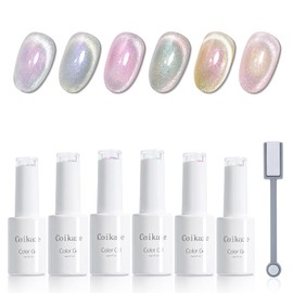 Coikaze Magnetic Nail Gel, Magnetic Gel, Set of 6 Colors, Gel Nail Color, Cat Eye Gel, Color Gel Set, Nail Gel, Magnetic Included, UV/LED Compatible (Aurora Magnet Gel)