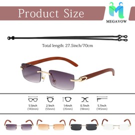 MEGAVOW Retro Rimless Sunglasses, Glasses Strap, Rectangle Ultra-Small Frame Sunglasses, Sunglasses with Imitation Wood Legs, Classic Retro Sunglasses for Men and Women, transparent