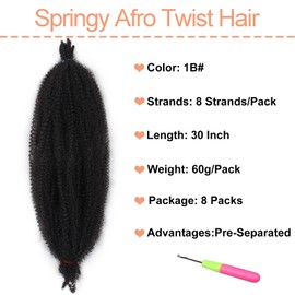 Mscat 30 Inch Long Pre-Separated Springy Afro Twist Hair 8 Packs Natural Black Marley Twist Crochet Braiding Synthetic Hair Extensions (8 Strands/Pack,1B#)