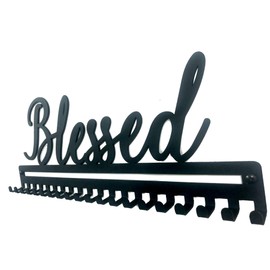 Motivational 'Blessed' Sports Medal Hanger and Lanyard Ribbon Display Holder Rack - Metal Wall Mount Medal Holder Floating Shelves - 20 Easy Hanging Hooks & Simple Install, Great Gift (Black)