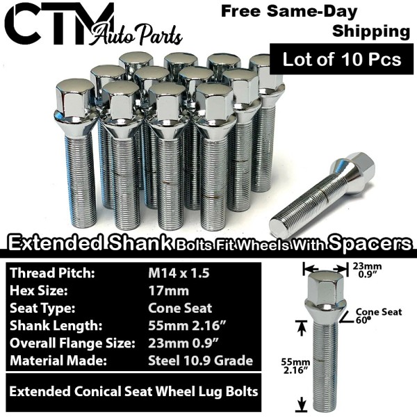 CTM 10x Chrome 14x1.5 Lug Bolt 55mm Shank Fit Mercedes