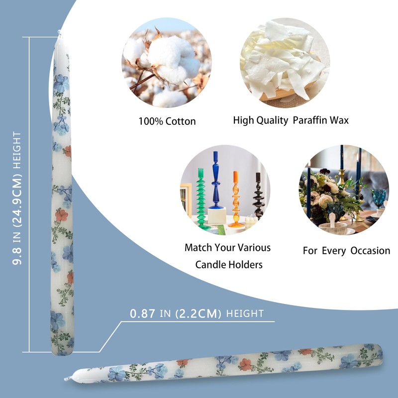 10 Inch Taper Candles Candlesticks Blue Flower Printed,2 Pack Handmade