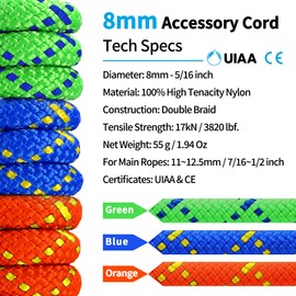 ZEPSEON Prusik Cord 8mm (5/16in) 20M(65ft) Accessory Double Braid Pre Cut Nylon Rope for Adults Climbing Static Line Ce/Uiaa High Tensile Strength for Mountaineering, Arborist, Caving, Rescue