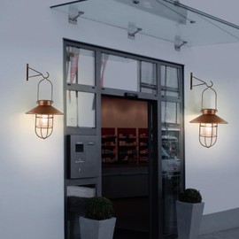 OMRAYTU 2 Pack Hanging Solar Lantern Outdoor, Small Metal Vintage Lanterns with Hooks Warm White Solar Hanging Lights Waterproof Edison Bulb Design for Garden Yard Patio Porch Tree Decor (Copper)