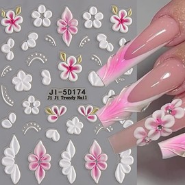 5D Flower Nail Stickers White Pink Floral Nail Decals 3PCS Embossed Five-Petaled Flowers Nail Design Stickers Slider Manicure Accessories Flowers Nail Art Sticker Decorations Charms
