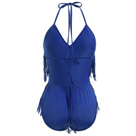 ABAFIP Women's Sequin Fringe Dance Bodysuit Halter V-Neck Sparkly Tassel Leotard Rave Festival Outfit, Royal Blue, Small