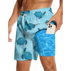 Men's Swim Trunks with Compression Liner 2 in 1 Quick Dry Funny Swimming Board Shorts 7 Inch Inseam Sea Turtle Print Men Swimwear Bathing Suits (L)