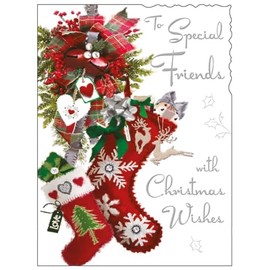 Special Friends Christmas Card - Christmas Stockings and Decorations - Artistic Festive Design - Special Finishes and Illustrated Insert Leaf - Made in the UK