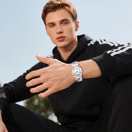 JewelryWe Boho Watch with Braided Elastic Fabric Strap Women's Men's Calendar Analogue Quartz Wrist Watch Coloured Woven Stretch Bracelet Seniors Watch with 12/24 Hours Large Numbers Dial, Type 1