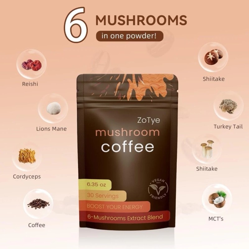 Zotye Mushroom Coffee, 30 Servings, 6.35 oz, Boost Your Energy