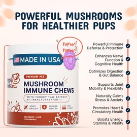 2-Pack Turkey Tail Mushroom for Dogs - Organic 8:1 Extract Mushroom Supplement for Immune, Gut, Skin & Joint Support - Reishi, Lion's Mane, Shiitake & Turmeric - 120 Soft Chews Each
