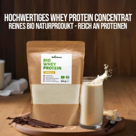 RheinNatur Bio Whey Protein-Pulver Vanille 900 g - Eiweißpulver mit natürlichem Aroma & ohne Soja - 100% Bio Molke-Protein für Proteinshakes