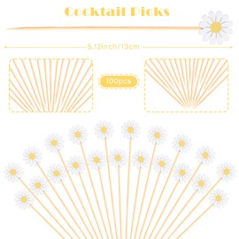 Daisy Cocktail Picks Springtime Floral Decorative Toothpicks Fruit Sticks Food Sandwich Appetizer Charcuterie Skewers, for Spring Flower Sunflower Daisy Decorations Boho Groovy Party Supplies