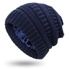 Muryobao Womens Winter Warm Knitted Hat Satin Silk Lined Cable Knit Beanie Chunky Slouchy Skull Cap Navy Blue
