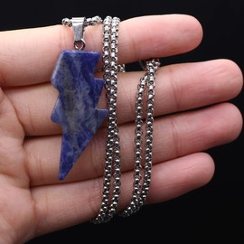 LE SKY 4 Pcs Natural Stone Pendant Necklace Lightning Shape Crystal Quartz Agate Energy Stone Long Stainless Steel Chain for Jewelry Party Gift