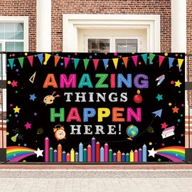 DARUNAXY Classroom Decorations, Colorful Amazing Things Happen Here Banner Welcome Back to School Poster Backdrop Inspirational Wall Decor for Kindergarten Preschool Elementary Middle School