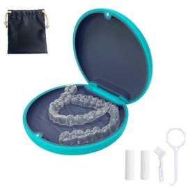 Retainer Case,Cute Slim Aligner Case Compatible with Invisalign,Retainer Holder with Aligner Remover Tool, Chew & Brush,Rope Bag (Dark Cyan Shell Gray Silicone)