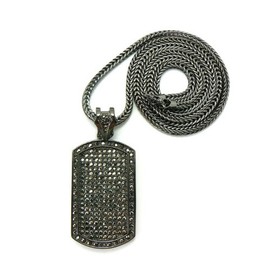 Iced Out Dog Tag Pendant 4mm 36" Franco Chain Necklace in Hematite-Tone