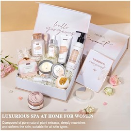Regalos para mujeres, cesta de regalo de baño y cuerpo para mujeres, set de 12 piezas de spa casero de coco para el cuidado personal, juegos de baño r