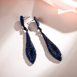 EVER FAITH Women's Austrian Crystal Double Waterdrop Bridal Pierced Dangle Earrings Rhinestone Chandelier Accessory Dark Blue Black-Tone