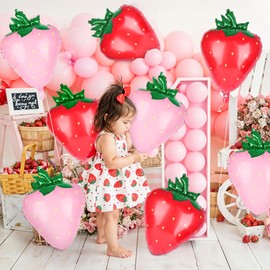 Kriyokiaa 8PCS Strawberry Balloons, 28 Inches, Aluminum Foil Balloons, Perfect Strawberry Birthday Party Decoration for Baby Shower Decorations