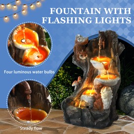 Dephet Outdoor Garden Water Fountain with Cascading Rock, 4-Tiers Fountains and Waterfalls with LED Lights,Indoor/Outdoor Modren Floor Standing Water Feature w/2 Squirrel Decor for Patio, Backyard