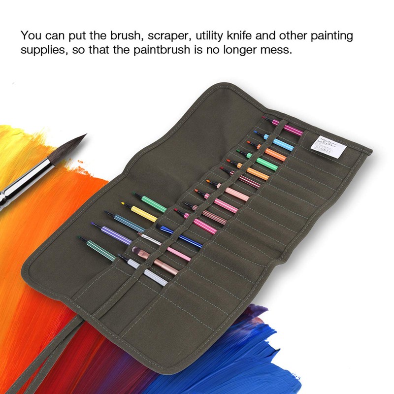 Brush Bag with 30 Holes, Roll-up Canvas Brush Bag, Pencil