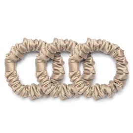 Rizos Curls Vegan Silk Mini Scrunchie - Gente Hold For No Crease and Breakage Protection, Damage & Frizz Free Hair Tie, 3-Pack, Nude