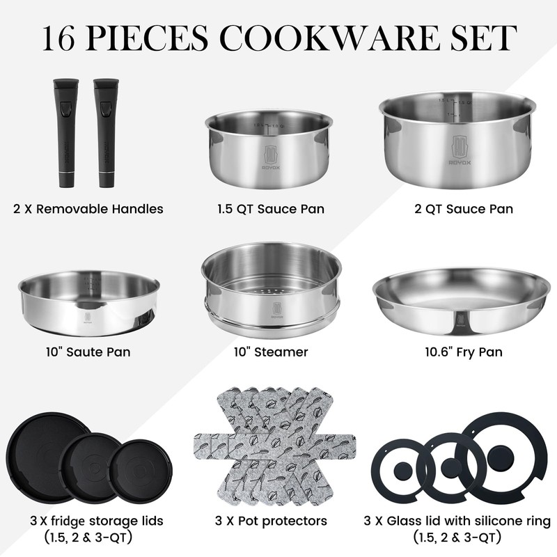 ROYDX16 PCS Pots and Pans Set,18/10 Stainless Steel Cookware Set
