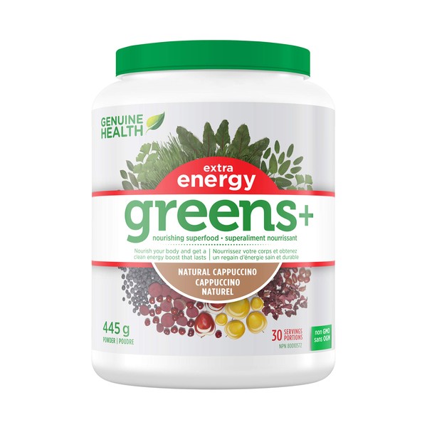 Genuine Health Greens+ Extra Energy Superfood Powder, 30 servings, Spirulina and Wheat Grass, Natural Cappuccino Flavour,Non GMO, 445g