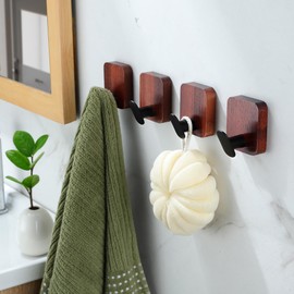 DELITON Wooden Towel Hooks Red Brown, 4 Pack Sticky Hooks for Hanging Towels, Coat, Hat, Robe, Heavy Duty, No Damage