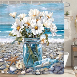 Vengaot Beach Summer Shower Curtain 72Wx72L Inches Ocean Theme Blue Floral Seaside Coastal Seascape Landscape View Tropical Hawaii Scene Sea Bathroom Set Modern Waterproof Fabric with 12 Plastic Hooks