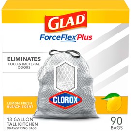 Glad Tall Kitchen Trash Bags ForceFlex Plus With Clorox, 13 Gallon, Lemon Fresh Bleach Scent 90 Count