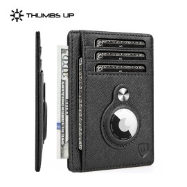 THUMBS-UP Black Genuine Leather Air Tag Holder Id Window ID Card Men Minimalist Slim Walletcolor: Cross pattern