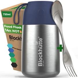 Blockhütte Stainless Steel Thermal Lunch Box for Adults and Kids I 730ml I Thermal Food Flask with Spork I BPA Free Soup Flask for 14h Hot Meals I for Porridge and Meal Prep – Blue