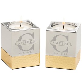 Personalization Universe Lavish Last Name Set of 2 Engraved Silver & Gold Hammered Metal Candle Holders