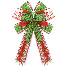 Whaline Christmas Wreath Bow Cute Red Green Dot Candy Christmas Burlap Bow Xmas Tree Topper Ornaments Gift Bow for Christmas Party Supplies Indoor Outdoor Home Decoration, 11 x 16.5inch