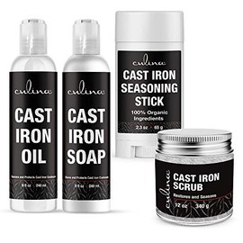 Culina Cast Iron Seasoning Stick & Soap & Oil Conditioner & Restoring Scrub | All Natural Ingredients | Best for Cleaning, Non-stick Cooking & Restoring | for Cast Iron Cookware, Skillets, Pans