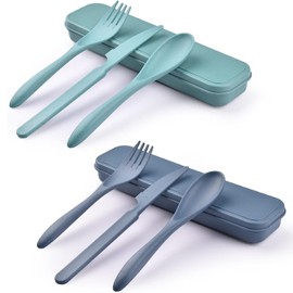 2 Sets Reusable Cutlery Set with Case, Travel Fork Knife Spoon Set, Portable Plastic Cutlery Set for Picnic School Office Lunch (Green,Blue)