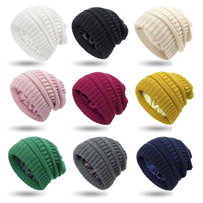 Camelliass Women Knitted Beanie Hat Satin Lined Winter Warm Cap