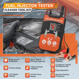 Universal Fuel Injector Tester DIY Fuel Injector Cleaner Kit, 6 Size Cleaning Adapters, 8 Pulse Modes, 12V/5V Output Power Fuel Injector Tester and Cleaner Tool Kit for Automobile Motorcycle